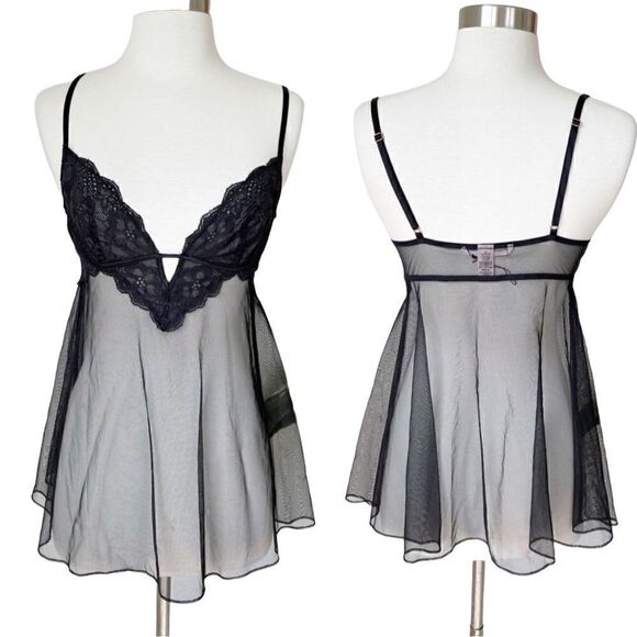 New Victoria’s Secret Chemise Babydoll Black Sheer Lace Small Sexy Deep Neck - Picture 1 of 10